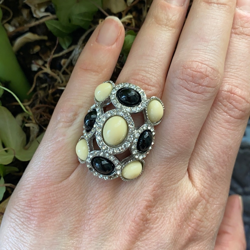 Oversized Black, White and Silver Ring